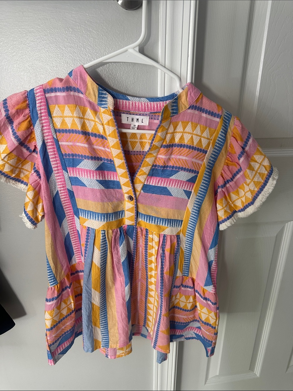 Colorful Geometric Peplum Top - Pink, Yellow, Blue
